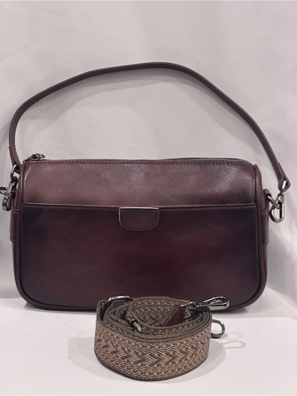 Coolcy Genuine Leather Coffee Brown Crossbody Bag w/ 2 Straps - Picture 6 of 16